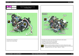 Page 111EPSON AcuLaser M2000D/M2000DN/M2010D/M2010DN Revision BDISASSEMBLY AND ASSEMBLY      Main Unit Disassembly/Reassembly 102
Registration Clutch / Paper Feed Clutch / 
Developing Clutch
1. Disconnect the two connectors.2. Remove the two Resin Rings.
A5
Resin Rings
Connectors
Front side
W
B
3. Disconnect the connector, and release the cable from the cable retainers.4. Disengage the hook and remove the bushing.5. Remove the spring and the Grounding Plate.6. Disengage the three hooks and remove the cover.
†...