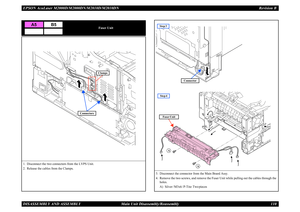 Page 119EPSON AcuLaser M2000D/M2000DN/M2010D/M2010DN Revision BDISASSEMBLY AND ASSEMBLY      Main Unit Disassembly/Reassembly 110
Fuser Unit
1. Disconnect the two connectors from the LVPS Unit.2. Release the cables from the Clamps.
A5
B5
Connectors
Clamps
3. Disconnect the connector from the Main Board Assy.4. Remove the two screws, and remove the Fuser Unit while pulling out the cables through the 
holes.A) Silver / M3x6 / P-Tite: Two pieces
Connector
A
A
Step 3Step 4Fuser Unit 