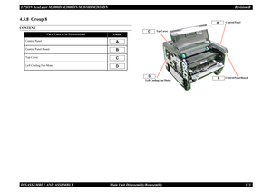 Page 122EPSON AcuLaser M2000D/M2000DN/M2010D/M2010DN Revision BDISASSEMBLY AND ASSEMBLY      Main Unit Disassembly/Reassembly 1134.3.8  Group 8CONTENT
Parts/Units to be Disassembled
Guide
Control PanelControl Panel BoardTop CoverLeft Cooling Fan Motor
ABCD
Control Panel BoardControl Panel
AB
Top Cover
Left Cooling Fan MotorCD 