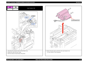 Page 133EPSON AcuLaser M2000D/M2000DN/M2010D/M2010DN Revision BDISASSEMBLY AND ASSEMBLY      Main Unit Disassembly/Reassembly 124
Laser Scanner Unit
1. Disconnect the connector from the Main Board Assy.2. Release the cables from the Clamp.3. Pull the connector toward inside of the printer.
A6
B6
Clamp
Connector(YC819)
Step 3
Step 2
4. Remove the four screws, and remove the Laser Scanner Unit.
A) Silver / M3x6 / P-Tite: Four pieces
A
A
A
A
Laser Scanner Unit 