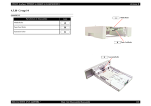 Page 135EPSON AcuLaser M2000D/M2000DN/M2010D/M2010DN Revision BDISASSEMBLY AND ASSEMBLY      Main Unit Disassembly/Reassembly 1264.3.10  Group 10CONTENT
Parts/Units to be Disassembled
Guide
Middle RollerPaper Feed RollerSeparation Roller
ABC
Paper Feed RollerMiddle Roller
AB
Separation Roller
C 