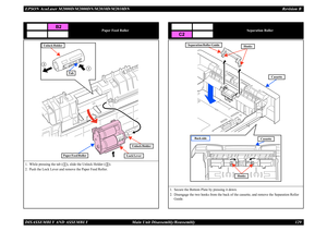 Page 138EPSON AcuLaser M2000D/M2000DN/M2010D/M2010DN Revision BDISASSEMBLY AND ASSEMBLY      Main Unit Disassembly/Reassembly 129
Paper Feed Roller
1. While pressing the tab ( ), slide the Unlock Holder ( ).2. Push the Lock Lever and remove the Paper Feed Roller.
B2
Tab
1
2
Unlock Holder
Paper Feed Roller
Unlock Holder
Lock Lever
1
2
Separation Roller
1. Secure the Bottom Plate by pressing it down.2. Disengage the two hooks from the back of the cassette, and remove the Separation Roller 
Guide.
C2
Hooks
Back...