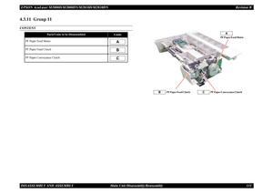 Page 140EPSON AcuLaser M2000D/M2000DN/M2010D/M2010DN Revision BDISASSEMBLY AND ASSEMBLY      Main Unit Disassembly/Reassembly 1314.3.11  Group 11CONTENT
Parts/Units to be Disassembled
Guide
PF Paper Feed MotorPF Paper Feed ClutchPF Paper Conveyance Clutch
ABC
PF Paper Feed Motor
A
PF Paper Feed Clutch PF Paper Conveyance Clutch
C
B 