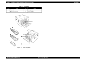 Page 15EPSON AcuLaser M2000D/M2000DN/M2010D/M2010DN Revision BPRODUCT DESCRIPTION      Product Specifications 6
Figure 1-3.  Inside the printer
Table 1-3.  Part Names
No.
Name
No.
Name
1
Fuser unit
3
Developer unit
2
Photoconductor unit
4
Toner cartridge
1
2
2
3
3
4
4 