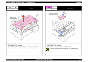 Page 147EPSON AcuLaser M2000D/M2000DN/M2010D/M2010DN Revision BDISASSEMBLY AND ASSEMBLY      Main Unit Disassembly/Reassembly 138
Top Cover
1. Remove the two screws.
A) Silver / M3x6 / S-Tite: Two pieces
2. Disengage the two hooks by inserting a flat-blade screwdriver or similar tool into a gap 
between the Top Cover and the Paper Feed Unit, and remove the Top Cover.
A1
B1
A
A
Hooks
Top Cover
PF Main Board
1. Remove the two screws.
A) Silver / M3x6 / S-Tite: Two pieces
2. Disconnect the five connectors, and...