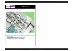 Page 148EPSON AcuLaser M2000D/M2000DN/M2010D/M2010DN Revision BDISASSEMBLY AND ASSEMBLY      Main Unit Disassembly/Reassembly 139
PF Paper Feed Sensor
1. Remove the actuator.2. Disengage the hook and remove the PF Paper Feed Sensor.3. Disconnect the connector from the PF Paper Feed Sensor.
B2
PF Paper Feed Sensor
Actuator
Connector
Hook 