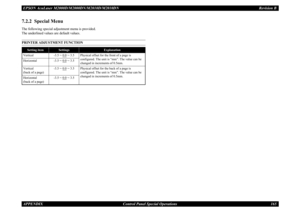 Page 174EPSON AcuLaser M2000D/M2000DN/M2010D/M2010DN
Revision B
APPENDIX     
Control Panel Special Operations
165
7.2.2  Special MenuThe following special adjustment menu is provided.The underlined values are default values.PRINTER ADJUSTMENT FUNCTION
Setting item
Settings
Explanation
Vertical
-3.5 
~ 0.0
 ~ 3.5
Physical offset for the front of a page is configured. The unit is “mm”. The value can be changed in increments of 0.5mm.
Horizontal
-3.5 
~ 0.0
 ~ 3.5
Vertical 
 
(back of a page)
-3.5 
~ 0.0
 ~ 3.5...