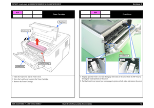 Page 81EPSON AcuLaser M2000D/M2000DN/M2010D/M2010DN Revision BDISASSEMBLY AND ASSEMBLY      Main Unit Disassembly/Reassembly 72
Toner Cartridge
1. Open the Top Cover and the Front Cover.2. Move the Lock Lever to unlock the Toner Cartridge.3. Remove the Toner Cartridge.
A1
Toner Cartridge
Top Cover
Front Cover
Lock Lever
Front Cover
1. Slightly open the Front Cover and disengage both sides of the cover from the MP Tray by 
bowing the Guide portions of the cover.
2. Pull the Front Cover toward you to disengage...