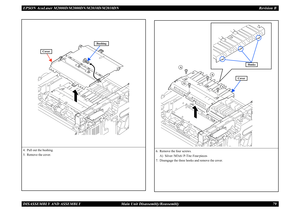 Page 88EPSON AcuLaser M2000D/M2000DN/M2010D/M2010DN Revision BDISASSEMBLY AND ASSEMBLY      Main Unit Disassembly/Reassembly 794. Pull out the bushing.5. Remove the cover.
Bushing
Cover
6. Remove the four screws.
A) Silver / M3x6 / P-Tite: Four pieces
7. Disengage the three hooks and remove the cover.
Hooks
AA
A
A
Cover 