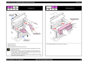 Page 93EPSON AcuLaser M2000D/M2000DN/M2010D/M2010DN Revision BDISASSEMBLY AND ASSEMBLY      Main Unit Disassembly/Reassembly 84
Developing Unit
1. Open the Top Cover.2. Open the Front Cover.3. Pull the Developing Unit toward you to remove it.

 	
    
The following operations must be carried out after the Developing Unit has been replaced with a new one.1. Install the toner cartridge for initial filling supplied with the Developing Unit.2. Turn the printer on while holding down [Start/Stop] and...