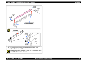 Page 95EPSON AcuLaser M2000D/M2000DN/M2010D/M2010DN Revision BDISASSEMBLY AND ASSEMBLY      Main Unit Disassembly/Reassembly 863. Pull the Transfer Roller Shafts from the bearings, and remove the Transfer Roller.4. Remove the gear from the Transfer Roller.
When attaching the Transfer Roller, push the release lever to lift its front end, and put the gear shaft under the front end of the lever.
Lever
Transfer Roller
Gear
Shaft
Gear
Shaft
Transfer Shaft Bearings 