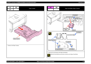 Page 98EPSON AcuLaser M2000D/M2000DN/M2010D/M2010DN Revision BDISASSEMBLY AND ASSEMBLY      Main Unit Disassembly/Reassembly 89
Paper Cassette
1. Remove the Paper Cassette.
A1
B1
C1
Paper Cassette
Paper Feed Roller (Paper Cassette)
1. Push the lever and remove the Paper Feed Roller.
Match the Feed Shaft end with the oval hole on the Paper Feed Roller.A2
B2End of the Shaft
Oval shape
Feed Shaft
Paper Feed Roller
Feed Shaft
Feed Shaft
Paper Feed Roller
Lever 