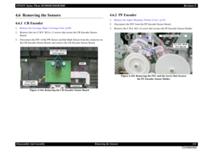 Page 132EPSON Stylus Photo R1900/R2880/R2000Revision EDisassembly And Assembly Removing the Sensors 132
Confidential
4.6  Removing the Sensors4.6.1  CR Encoder1.Remove the Carriage Shaft / Carriage Unit. (p.98)
2. Remove the two C.B.P. M2.6 x 5 screws that secure the CR Encoder Sensor 
Board.
3. Disconnect the FFC of the PW Sensor and Ink Mark Sensor from the connector on 
the CR Encoder Sensor Board, and remove the CR Encoder Sensor Board.
Figure 4-164. Removing the CR Encoder Sensor Board
4.6.2  PF...