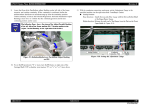 Page 148EPSON Stylus Photo R1900/R2880/R2000Revision E
Adjustment Adjustment 148
Confidential9. Lower the Gear of the Parallelism Adjust Bushing on the left side of the frame 
stepwise, and confirm continuity. When continuity is confirmed, define the 
position where the Gear was raised one step up from the continuity position 
(where continuity is lost) as the left side PG position. Move the Parallelism Adjust 
Bushing at least twice to confirm that the continuity position and the non-
continuity position are...