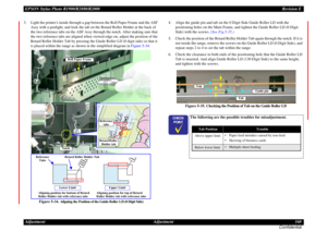 Page 160EPSON Stylus Photo R1900/R2880/R2000Revision E
Adjustment Adjustment 160
Confidential3. Light the printers inside through a gap between the Roll Paper Frame and the ASF 
Assy with a penlight, and look the tab on the Retard Roller Holder at the back of 
the two reference tabs on the ASF Assy through the notch. After making sure that 
the two reference tabs are aligned when viewed edge-on, adjust the position of the 
Retard Roller Holder Tab by pressing the Guide Roller LD (0 digit side) so that it 
is...