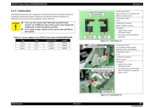 Page 164EPSON Stylus Photo R1900/R2880/R2000Revision E
Maintenance Overview 164
Confidential6.1.3  LubricationThe lubrication used for the components of the printer has been decided on based on 
evaluation carried out by Epson. Therefore, the specified amount and places of 
lubrication given in this section should be strictly observed.
Figure 6-1. Lubrication (1)
Figure 6-2. Lubrication (2)
Never use oil or grease other than those specified in this 
manual. Use of different types of oil or grease may...