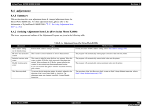 Page 190Stylus Photo R1900/R2880/R2000Revision E
Stylus Photo R2000 Adjustment190
Confidential8.4  Adjustment8.4.1  SummaryThis section describes new adjustment items & changed adjustment items for 
Stylus Photo R2000 only. For other adjustment items, please refer to the 
information of Stylus Photo R1900/R2880. ( 5.1.1 Servicing Adjustment Item 
List 
(p.138)
 )
8.4.2  Sevicing Adjusment Item List (For Stylus Photo R2000)The items, purposes and outlines of the Adjustment Program are given in the following...
