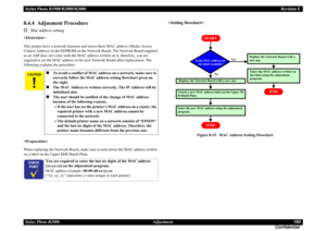 Page 193Stylus Photo R1900/R2880/R2000Revision E
Stylus Photo R2000 Adjustment193
Confidential8.4.4  Adjusment ProcedureMac address setting
This printer have a network function and stores there MAC address (Media Access 
Control Address) in the EEPROM on the Network Board. The Network Board supplied 
as an ASP does not come with the MAC address written on it, therefore, you are 
required to set the MAC address to the new Network Board after replacement. The 
following explains the procedure.

When replacing the...