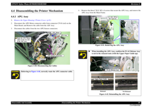 Page 89EPSON Stylus Photo R1900/R2880/R2000Revision EDisassembly And Assembly Disassembling the Printer Mechanism 89
Confidential
4.4  Disassembling the Printer Mechanism4.4.1  APG Assy1.
Remove the Upper Housing / Printer Cover. (p.81)
2. Disconnect the APG Motor connector cable from connector CN18 (red) on the 
Main Board, and Remove the cable from the ASF Assy.
3. Disconnect the cables from the two APG Sensor connectors.
Figure 4-40. Disconnecting the Cables4. Remove the three C.B.S. M3 x 6 screws that...