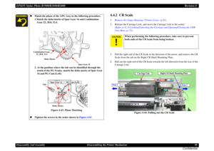 Page 90EPSON Stylus Photo R1900/R2880/R2000Revision EDisassembly And Assembly Disassembling the Printer Mechanism 90
Confidential
4.4.2  CR Scale1.Remove the Upper Housing / Printer Cover. (p.81)
2. Release the Carriage Lock, and move the Carriage Unit to the center. 
(Refer to 4.1.6 Locking/Unlocking the Carriage and Opening/Closing the CDR 
Tray Base (p.73))
3. Pull the right end of the CR Scale in the direction of the arrow, and remove the CR 
Scale from the tab on the Right CR Shaft Mounting Plate.
4. Pull...