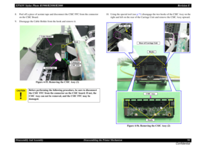Page 94EPSON Stylus Photo R1900/R2880/R2000Revision EDisassembly And Assembly Disassembling the Printer Mechanism 94
Confidential
8. Peel off a piece of acetate tape and disconnect the CSIC FFC from the connector 
on the CSIC Board. 
9. Disengage the Cable Holder from the hook and remove it.
Figure 4-55. Removing the CSIC Assy (1)10. Using the special tool (see p.71) disengage the two hooks of the CSIC Assy on the 
right and left on the rear of the Carriage Unit and remove the CSIC Assy upward.
Figure 4-56....