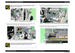 Page 100EPSON Stylus Photo R1900/R2880/R2000Revision EDisassembly And Assembly Disassembling the Printer Mechanism 100
Confidential
9. Remove CR Shaft Mounting Plate Fixed Spring from the tab and notch on the 
Main Frame, and pull out the spring in the direction of the arrow.
Figure 4-72. Removing CR Shaft Mounting Plate Fixed Spring10. Remove the extension spring for the Driven Pulley Holder from the Main Frame 
and the tab on the Drive Pulley Holder with needle-nose pliers.
Figure 4-73. Removing the Extension...