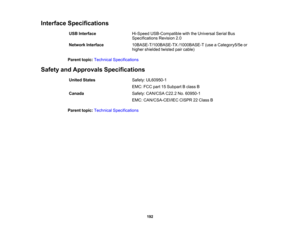 Page 192

192
Interface
Specifications
 USB
Interface
 Hi-Speed
USB-Compatible withtheUniversal SerialBus
 Specifications
Revision2.0
 Network
Interface
 10BASE-T/100BASE-TX
/1000BASE-T(useaCategory5/5e or
 higher
shielded twistedpaircable)
 Parent
topic:Technical Specifications
 Safety
andApprovals Specifications
 United
States
 Safety:
UL60950-1
 EMC:
FCCpart15Subpart Bclass B
 Canada
 Safety:
CAN/CSA C22.2No.60950-1
 EMC:
CAN/CSA-CEI/IEC CISPR22Class B
 Parent
topic:Technical Specifications 