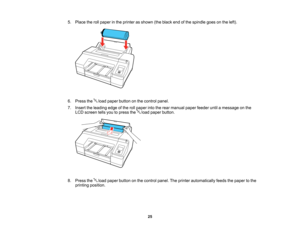 Page 25

25
5.
Place therollpaper inthe printer asshown (theblack endofthe spindle goesonthe left).
 6.
Press theloadpaper button onthe control panel.
 7.
Insert theleading edgeofthe rollpaper intotherear manual paperfeeder untilamessage onthe
 LCD
screen tellsyoutopress the loadpaper button.
 8.
Press theloadpaper button onthe control panel.Theprinter automatically feedsthepaper tothe
 printing
position.      