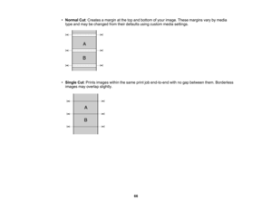 Page 66

66
•
Normal Cut:Creates amargin atthe topand bottom ofyour image. Thesemargins varybymedia
 type
andmay bechanged fromtheirdefaults usingcustom mediasettings.
 •
Single Cut:Prints images withinthesame printjobend-to-end withnogap between them.Borderless
 images
mayoverlap slightly.   