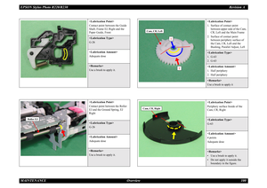 Page 100EPSON Stylus Photo R220/R230Revision A
MAINTENANCE Overview 100

Contact point between the Guide 
Shaft, Frame EJ, Right and the 
Paper Guide, Front
G-26

Adequate dose
Use a brush to apply it.

Contact point between the Roller 
EJ and the Ground Spring, EJ 
Right
G-26

Adequate dose
Use a brush to apply it.
Roller EJ

1. Surface of contact point 
between upper side of the Cam, 
CR, Left and the Main Frame
2. Surface of contact point 
between periphery surface of 
the Cam, CR, Left and the 
Bushing,...