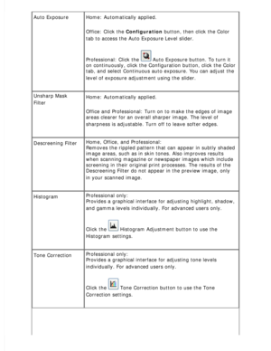 Page 102
Auto Exposure Home: Automatically applied. 
Office: Click the Configuration button, then click the Color 
tab to access the Auto Exposure Level slider.
 
Professional: Click the  Auto Exposure button. To turn it 
on continuously, click the Configuration button, click the Color 
tab, and select Continuous auto exposure. You can adjust the 
level of exposure adjustment using the slider.
 
Unsharp Mask 
Filter
 
Home: Automatically applied. 
Office and Professional: Turn on to make the edges of image...