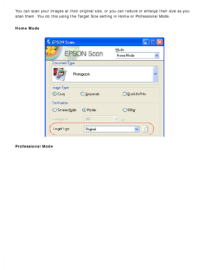 Page 104
You can scan your images at their original size, or you can reduce or en\
large their size as you 
scan them. You do this using the Target Size setting in Home or Professi\
onal Mode.
 
Home Mode 
Professional Mode  