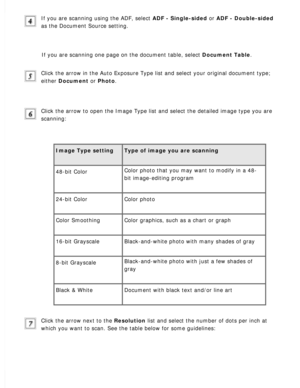 Page 111
If you are scanning using the ADF, select ADF - Single-sided or ADF - Double-sided 
as the Document Source setting.
 
If you are scanning one page on the document table, select Document Table. 
Click the arrow in the Auto Exposure Type list and select your original \
document type; 
either Document or Photo.
 
Click the arrow to open the Image Type list and select the detailed imag\
e type you are 
scanning:
 
Image Type setting Type of image you are scanning 
48-bit Color Color photo that you may want...