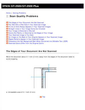 Page 164
Home > Solving Problems 
Scan Quality Problems
The Edges of Your Document Are Not Scanned  
You See Only a Few Dots in Your Scanned Image  
A Line of Dots Always Appears in Your Scanned Images  
Straight Lines in Your Image Come Out Crooked  
Your Image is Distorted or Blurred  
Colors Are Patchy or Distorted at the Edges of Your Image  
Your Scanned Image is Too Dark  
An Image on the Back of Your Original Appears in Your Scanned Image  
Ripple Patterns Appear in Your Scanned Image  
Characters Are Not...