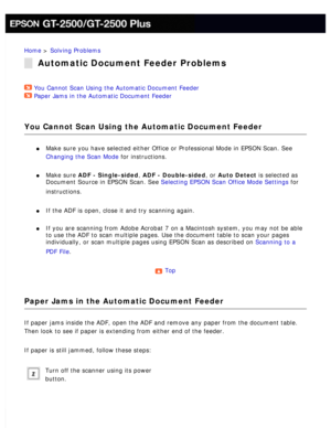 Page 172
Home > Solving Problems 
Automatic Document Feeder Problems
You Cannot Scan Using the Automatic Document Feeder  
Paper Jams in the Automatic Document Feeder  
You Cannot Scan Using the Automatic Document Feeder
l     Make sure you have selected either Office or Professional Mode in EPSON \
Scan. See 
Changing the Scan Mode for instructions.
 
l     Make sure ADF - Single-sided, ADF - Double-sided, or Auto Detect is selected as 
Document Source in EPSON Scan. See Selecting EPSON Scan Office Mode...