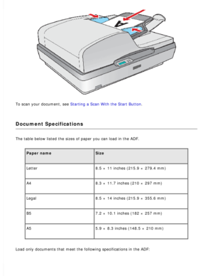 Page 31
To scan your document, see Starting a Scan With the Start Button. 
Document Specifications
The table below listed the sizes of paper you can load in the ADF. 
Paper name Size 
Letter 8.5 × 11 inches (215.9 × 279.4 mm) 
A4 8.3 × 11.7 inches (210 × 297 mm) 
Legal 8.5 × 14 inches (215.9 × 355.6 mm) 
B5 7.2 × 10.1 inches (182 × 257 mm) 
A5 5.9 × 8.3 inches (148.5 × 210 mm) 
Load only documents that meet the following specifications in the ADF:  