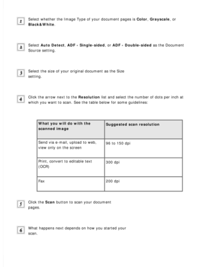 Page 51
Select whether the Image Type of your document pages is Color, Grayscale, or 
Black&White.
 
Select Auto Detect, ADF - Single-sided, or ADF - Double-sided as the Document 
Source setting.
 
Select the size of your original document as the Size 
setting.
 
Click the arrow next to the Resolution list and select the number of dots per inch at 
which you want to scan. See the table below for some guidelines:
 
What you will do with the 
scanned image
 
Suggested scan resolution 
Send via e-mail, upload to...