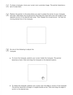 Page 64
To draw a marquee, move your cursor over a preview image. The pointer be\
comes a 
set of cross-hairs. 
Position the pointer in the area where you want to place the corner of y\
our marquee 
and click. Hold down the mouse button and drag the cross-hairs over the \
image to the 
opposite corner of the desired scan area. Then release the mouse button.\
 You see the 
moving dotted line of the marquee.
 
Do one of the following to adjust the 
marquee:
 
l     To move the marquee, position your cursor inside...