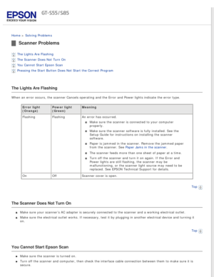 Page 79
 
Home > Solving Problems 
Scanner Problems
The Lights Are Flashing 
The Scanner Does Not Turn On 
You Cannot Start Epson Scan 
Pressing the Start Button Does Not Start the Correct Program 
The Lights Are Flashing
When an error occurs, the scanner Cancels operating and the Error and Po\
wer lights indicate the error type.Error light 
(Orange) Power light 
(Green)Meaning
Flashing  FlashingAn error has occurred. 
Make sure the scanner is connected to your computer 
properly.
Make sure the scanner software...