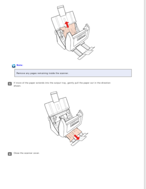 Page 82
Note:
Remove any pages remaining inside the scanner.
If more of the paper extends into the output tray, gently pull the paper\
 out in the direction 
shown. 
Close the scanner cover. 