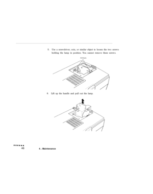 Page 615.
Use a screwdriver, coin, or similar object to loosen the two screws
holding the lamp in position. You cannot remove these screws.
6.
Lift up the handle and pull out the lamp.464 l Maintenance 