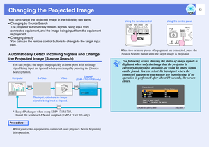 Page 1313
Changing the Projected ImageYou can change the projected image in the following two ways.
• Changing by Source Search
The projector automatically detects signals being input from 
connected equipment, and the image being input from the equipment 
is projected.
 Changing directly
You can use the remote control buttons to change to the target input 
port.Automatically Detect Incoming Signals and Change the Projected Image (Source Search)
You can project the target image quickly as input ports with no...