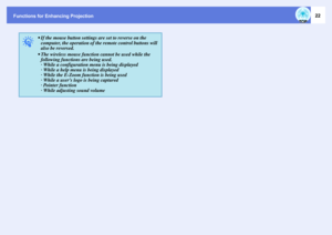 Page 22Functions for Enhancing Projection
22
q
 If the mouse button settings are set to reverse on the 
computer, the operation of the remote control buttons will 
also be reversed.
 The wireless mouse function cannot be used while the 
following functions are being used.
· While a configuration menu is being displayed 
· While a help menu is being displayed
· While the E-Zoom function is being used
· While a users logo is being captured
· Pointer function
· While adjusting sound volume 
