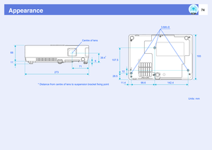 Page 7474
Appearance
Units: mm 27339.4
*
68
99.6 12 107.5
142.4 71Centre of lens
116
28.5193
11.4
* Distance from centre of lens to suspension bracket fixing point3-M4^9 