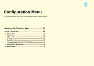 Page 30Configuration MenuThis chapter explains how to use the configuration menu and its functions.Using the Configuration Menu .......................... 31
List of Functions ................................................. 32
 Image Menu .......................................................................32
 Signal Menu .......................................................................33
 Settings Menu ....................................................................34
 Extended Menu...