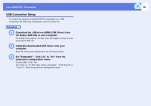 Page 68List of ESC/VP21 Commands
68
USB Connection Setup
To control the projector using ESC/VP21 commands via a USB 
connection, the following preparations must be carried out.A
Download the USB driver (USB-COM Driver) from 
the Epson Web site to your computer.Go to http://www.epson.com and select the support section of your 
local Epson Web site.
B
Install the downloaded USB driver onto your 
computer.Read the instructions displayed on the download screen.
C
Set Extended - Link 21L to On from the 
projectors...