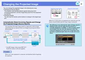 Page 2020
Changing the Projected ImageYou can change the projected image in the following two ways.
 Changing by Source Search
The projector automatically detects signals being input from 
connected equipment, and the image being input from the equipment 
is projected.
 Changing directly
You can use the remote control buttons to change to the target input 
port.Automatically Detect Incoming Signals and Change the Projected Image (Source Search)
You can project the target image quickly as input ports with no...