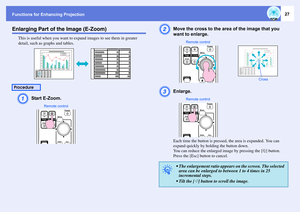 Page 27Functions for Enhancing Projection
27
Enlarging Part of the Image (E-Zoom)
This is useful when you want to expand images to see them in greater 
detail, such as graphs and tables.A
Start E-Zoom. 
B
Move the cross to the area of the image that you 
want to enlarge. 
C
Enlarge. Each time the button is pressed, the area is expanded. You can 
expand quickly by holding the button down.
You can reduce the enlarged image by pressing the [x] button.
Press the [Esc] button to cancel. 
Procedure
Remote control
q
...