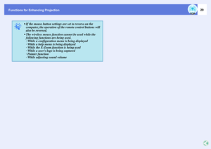 Page 29Functions for Enhancing Projection
29
q
 If the mouse button settings are set to reverse on the 
computer, the operation of the remote control buttons will 
also be reversed.
 The wireless mouse function cannot be used while the 
following functions are being used.
· While a configuration menu is being displayed 
· While a help menu is being displayed
· While the E-Zoom function is being used
· While a users logo is being captured
· Pointer function
· While adjusting sound volume 