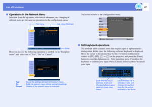 Page 47List of Functions
47
fOperations in the Network Menu
Selection from the top menu, selection of submenus, and changing of 
selected items are the same as operations in the configuration menu. 
However, to exit, the following operation is needed. Go to Complete 
menu, and select one of Yes, No or Cancel.The screen returns to the configuration menu. 
fSoft keyboard operations
The network menu contains items that require input of alphanumerics 
during setup. In this case, the following software keyboard is...